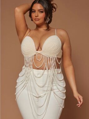 Pearl Beaded Fringe Crop Top in Ivory